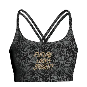 Women's Lion Shield Charcoal Grey Pattern Print Strappy Sports Bra Tear Resistant Knit Anti Pill Surface