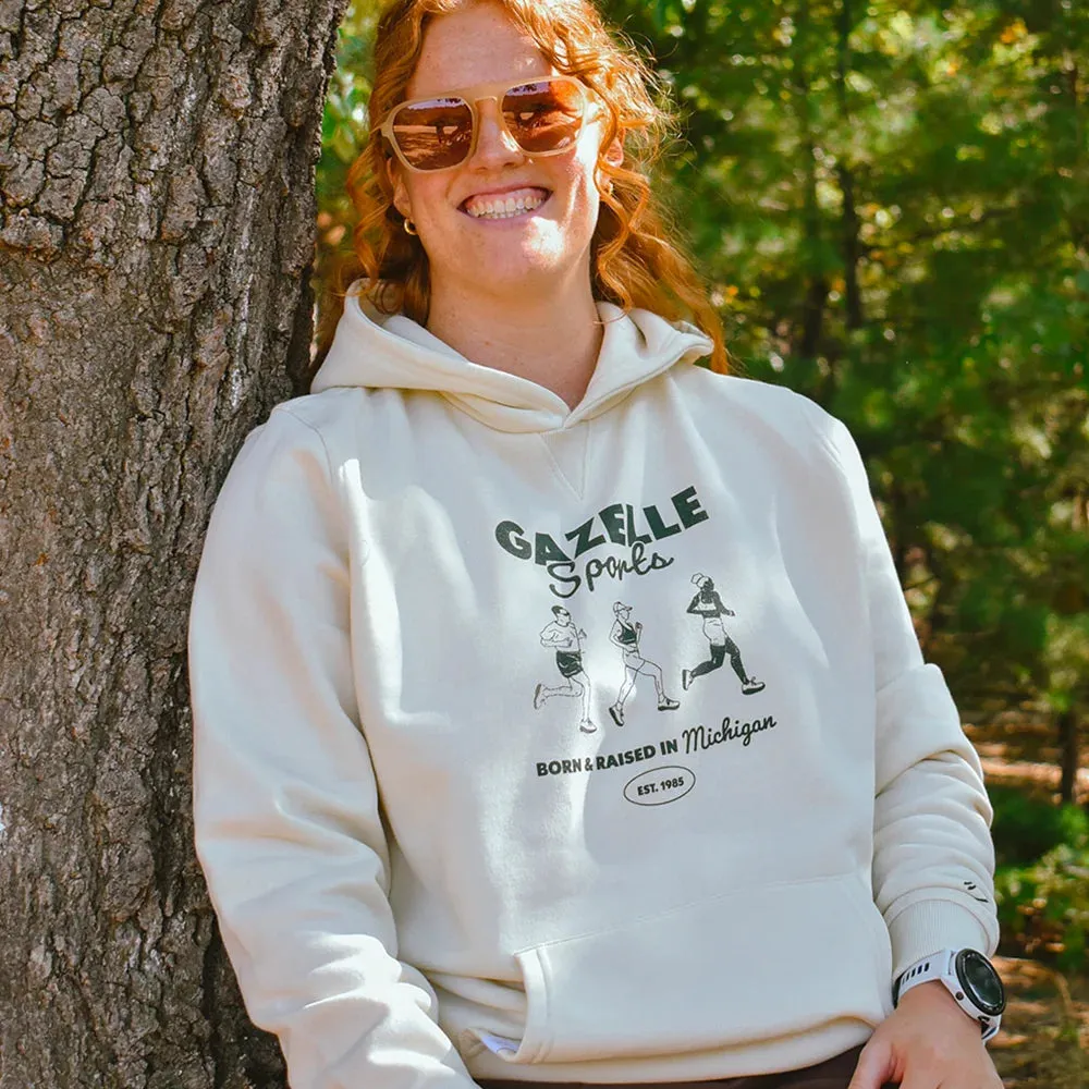 Gazelle Sports Retro Runners Poly-Cotton Hoodie - Natural/White Foldover Woven Square Patch w/ Light Gray Gazelle Summer aesthetic features