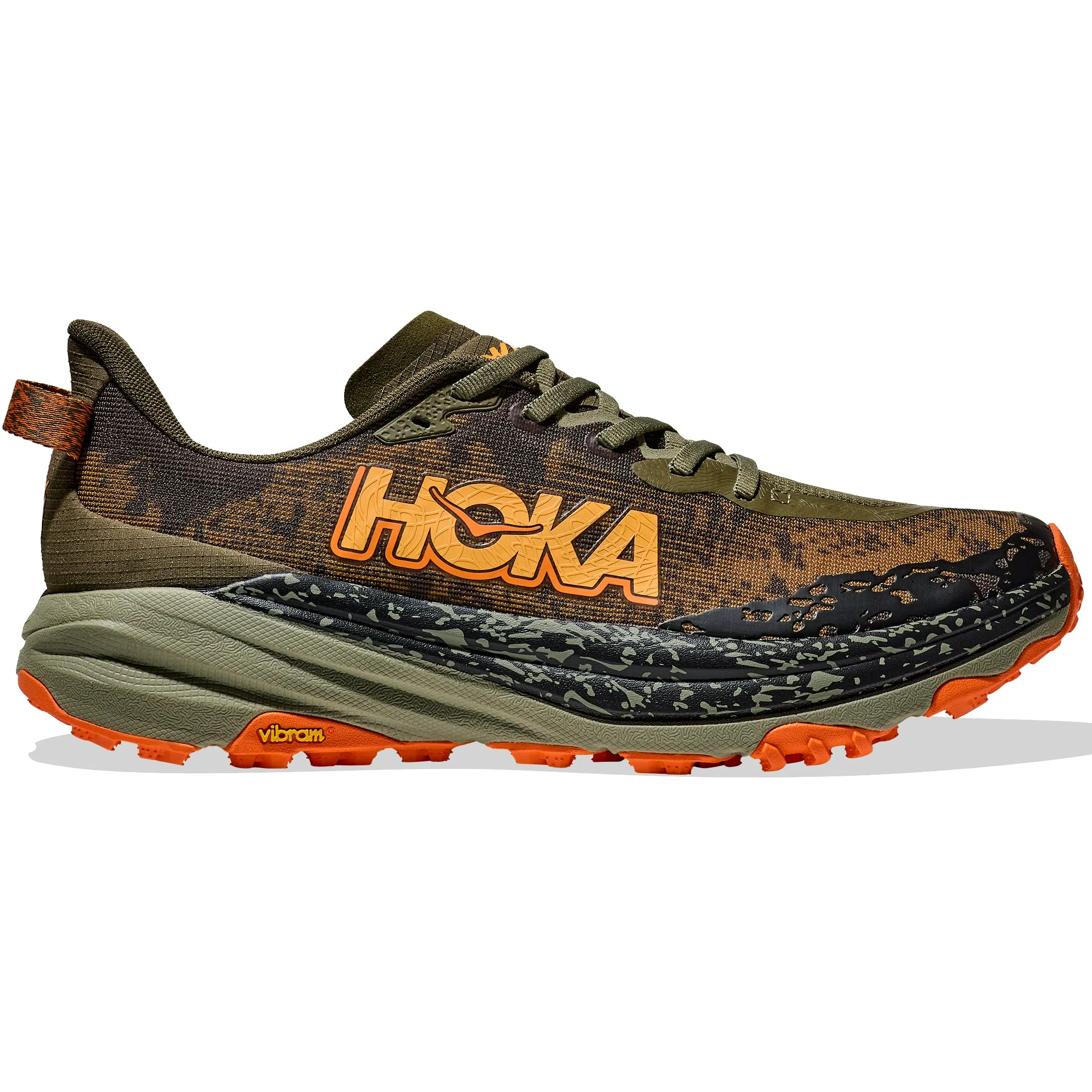 Adjustable Heel Cup Hoka Men's Speedgoat 6 Wide Fit Trail Running Shoes Antique Olive / Squash