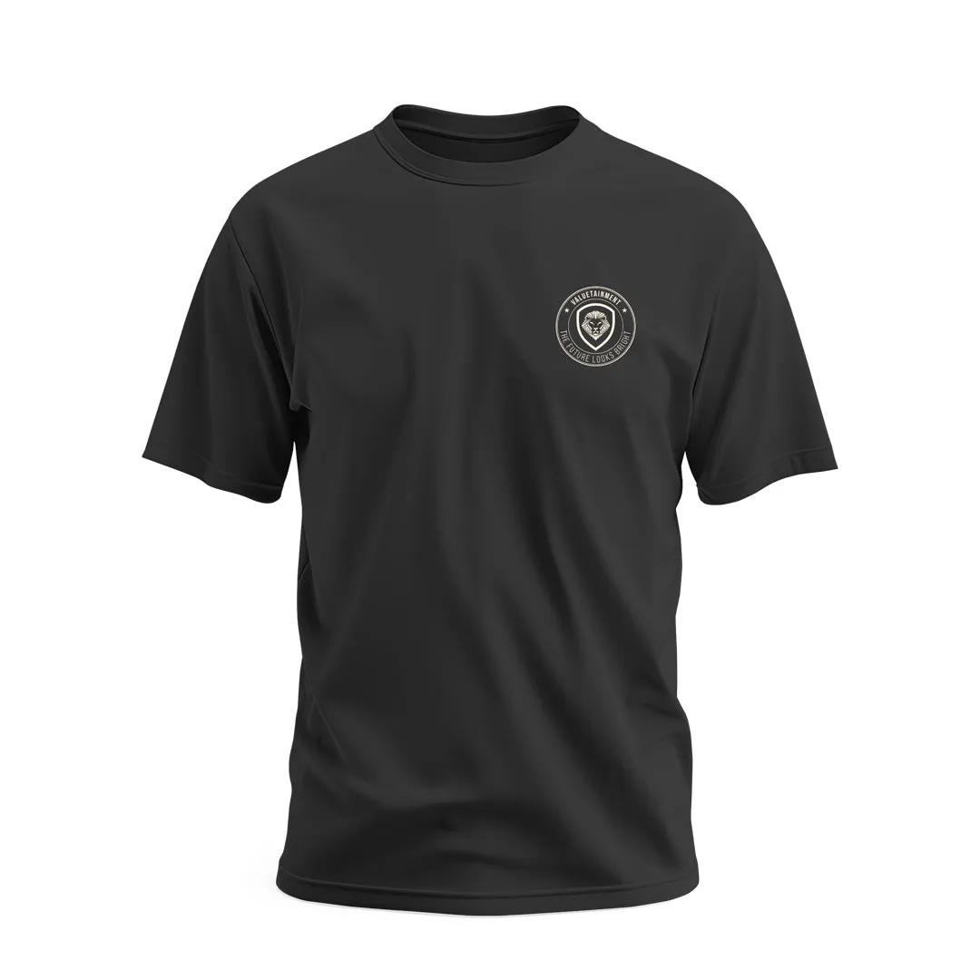 Sleep ReinforcedNeckline Future Looks Bright Black Valuetainment Lion Shield Flag Short Sleeve T-Shirt