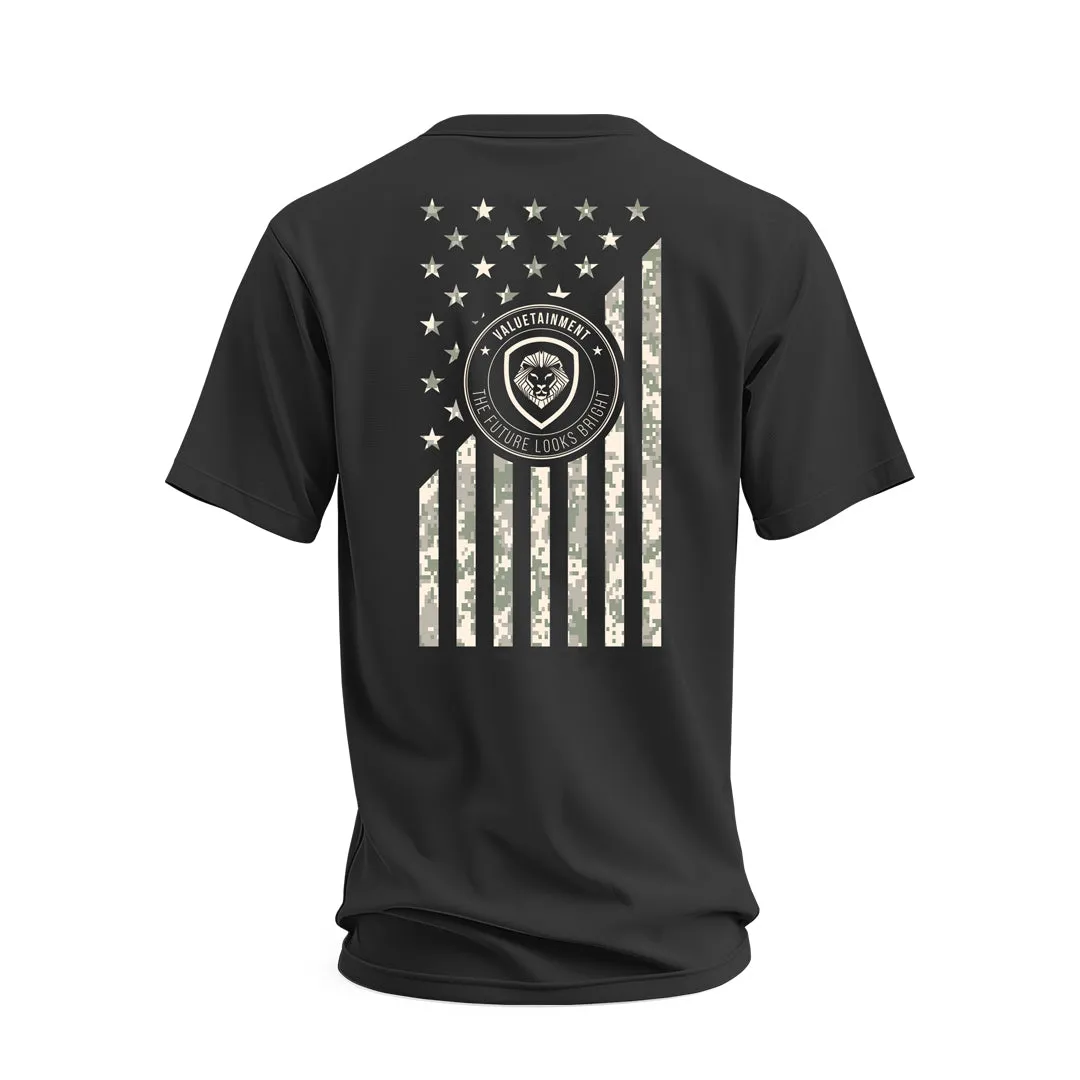 FadeResistant Comfy Stretch Wear Future Looks Bright Black Valuetainment Lion Shield Flag Short Sleeve T-Shirt