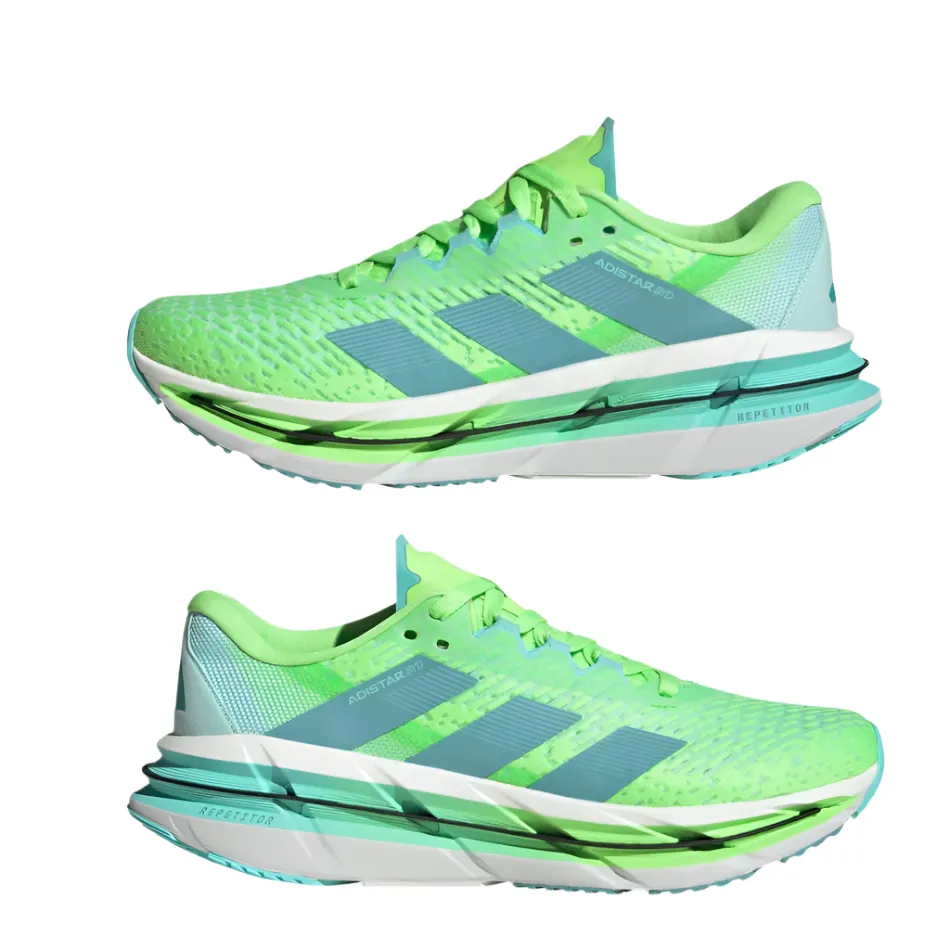 Adidas Men's Adistar BYD Running Shoes in Lime Burst/Mint Ton/Flash Aqua AW25 crew sock suitable for beginners