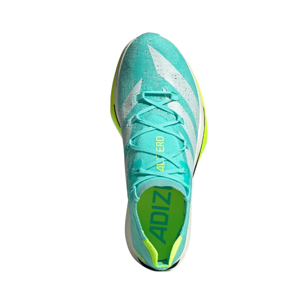 Adidas Unisex Adizero Prime X3 Strung Running Shoes in Flash Aqua/Zero Metalic/Lucid Lemon AW25 Active Ergonomic Heel Lock