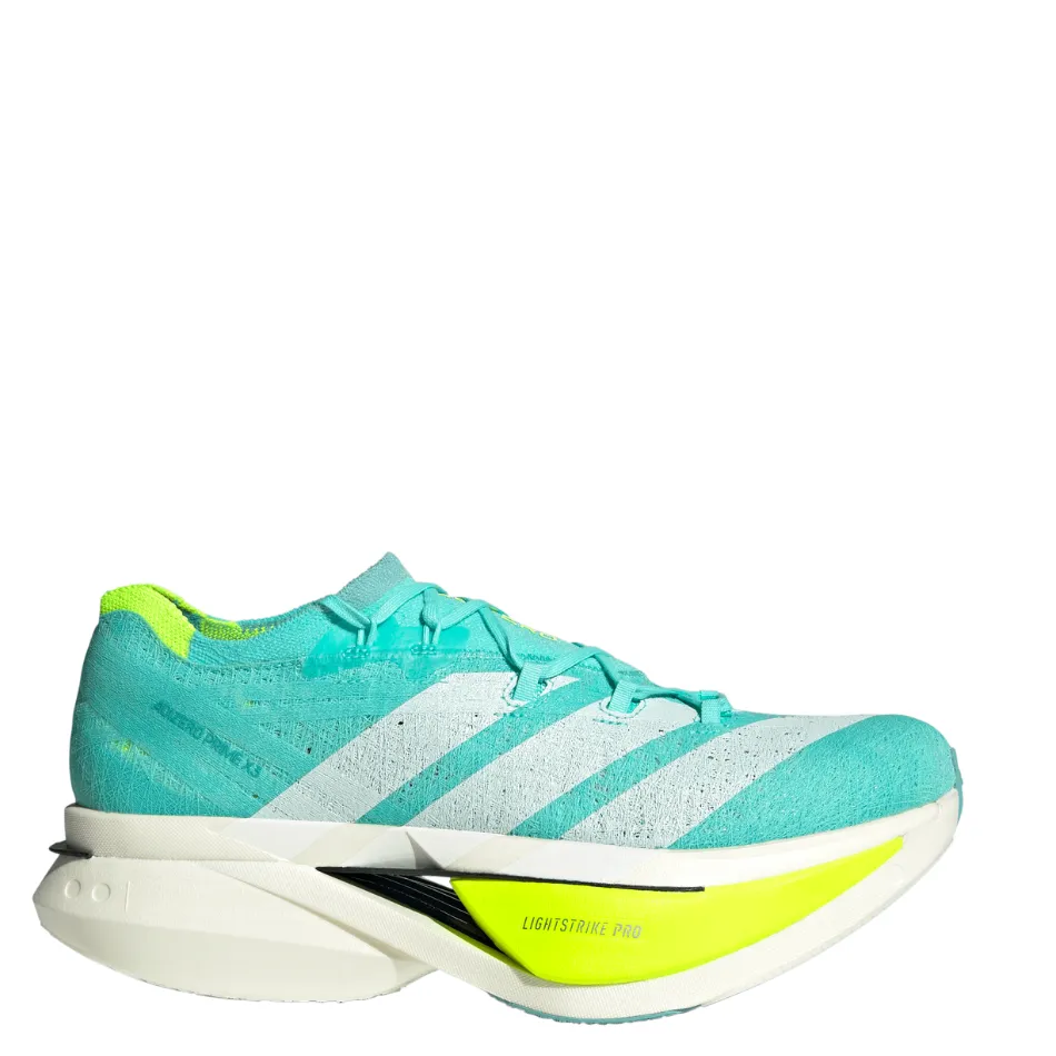 Enhanced Grip Pattern logo - branded running gear Adidas Unisex Adizero Prime X3 Strung Running Shoes in Flash Aqua/Zero Metalic/Lucid Lemon AW25