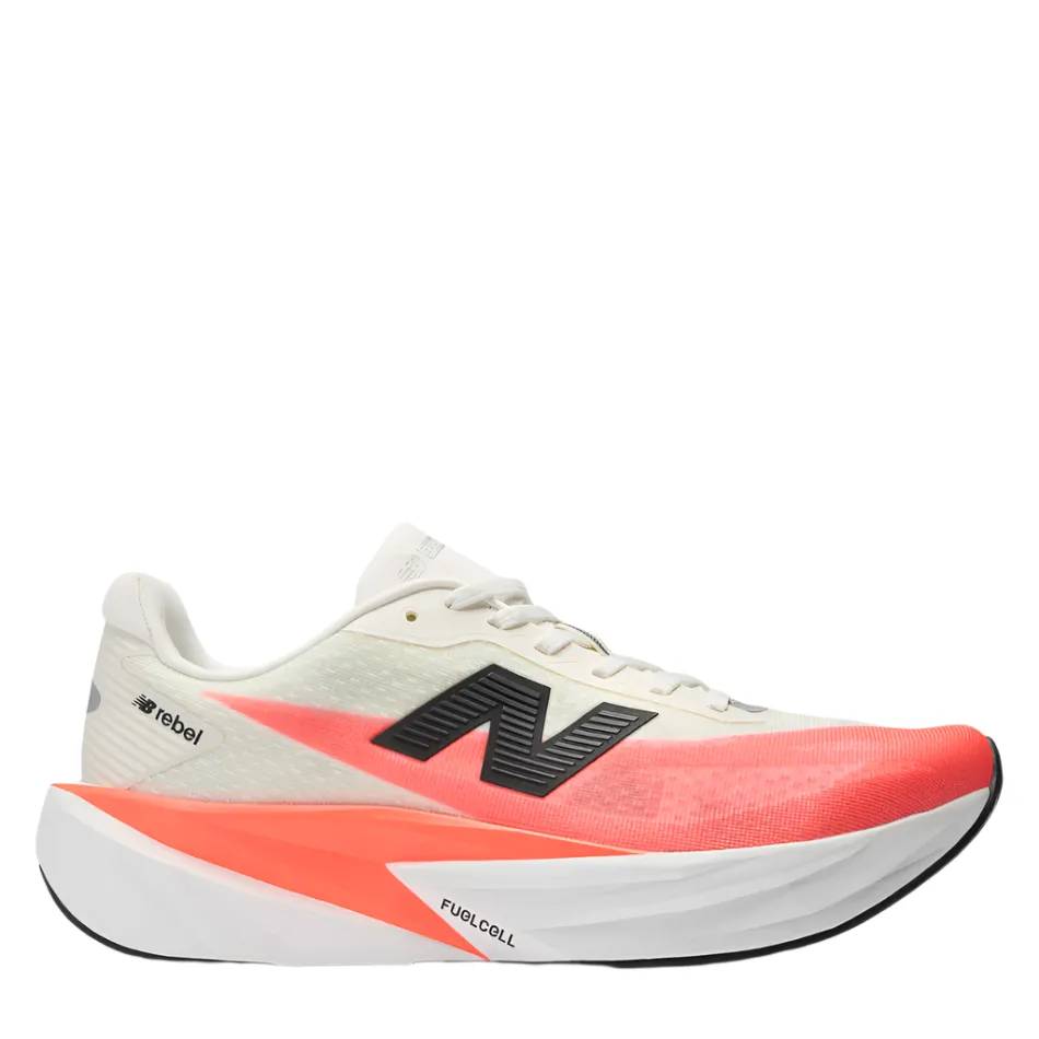 New Balance Men's Fuelcell Rebel v5 Running Shoes in Urgent Red/White/Sea Salt AW25 Lace Lock Technology