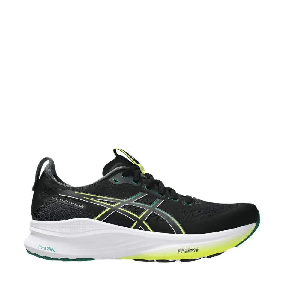 ASICS Men's GEL-KAYANO 32 Running Shoes in Black/Jasper Green AW25 Wide Base Platform Bright Color