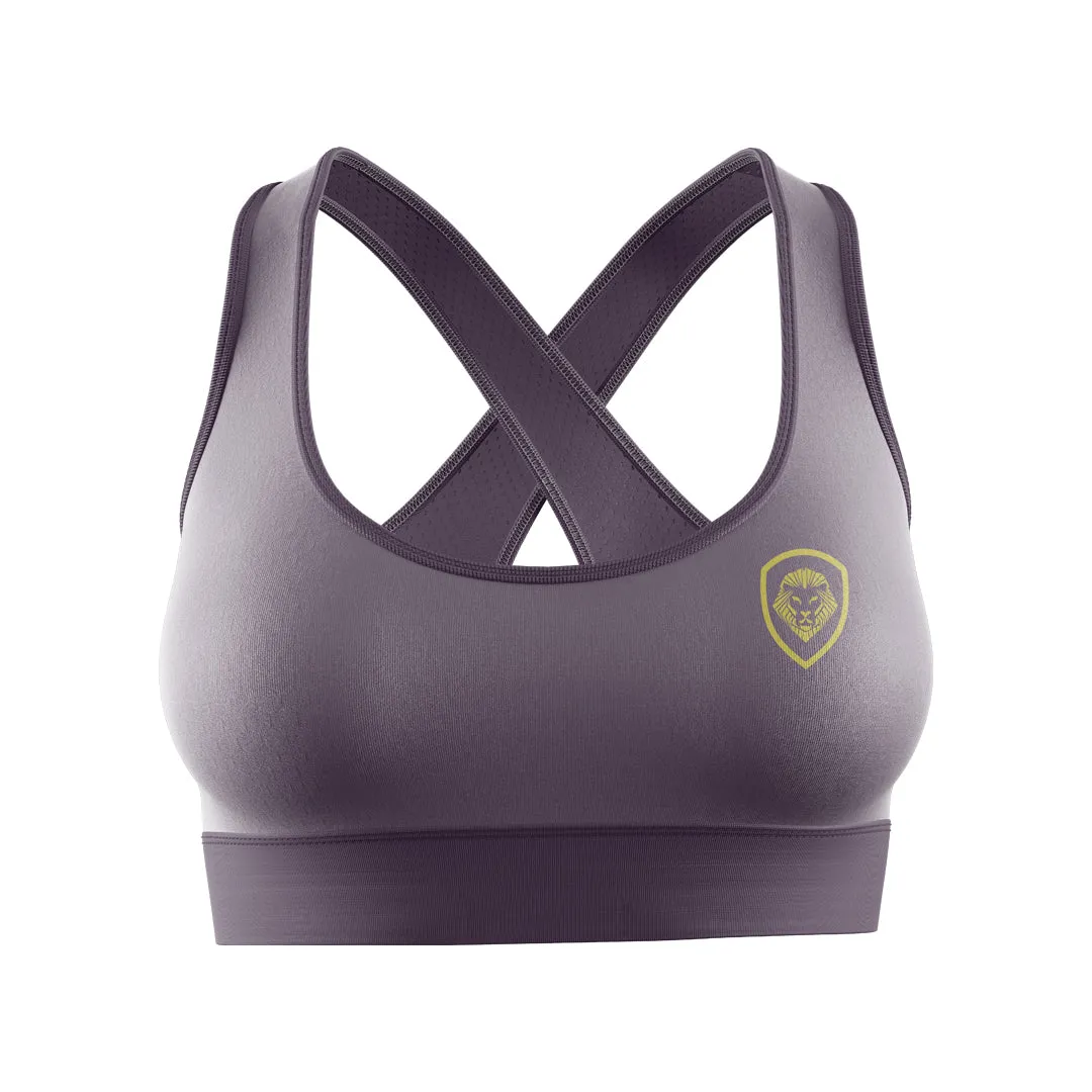 Women's Lion Shield Mocha and Gold Performance Sports Bra Anti Static Fabric