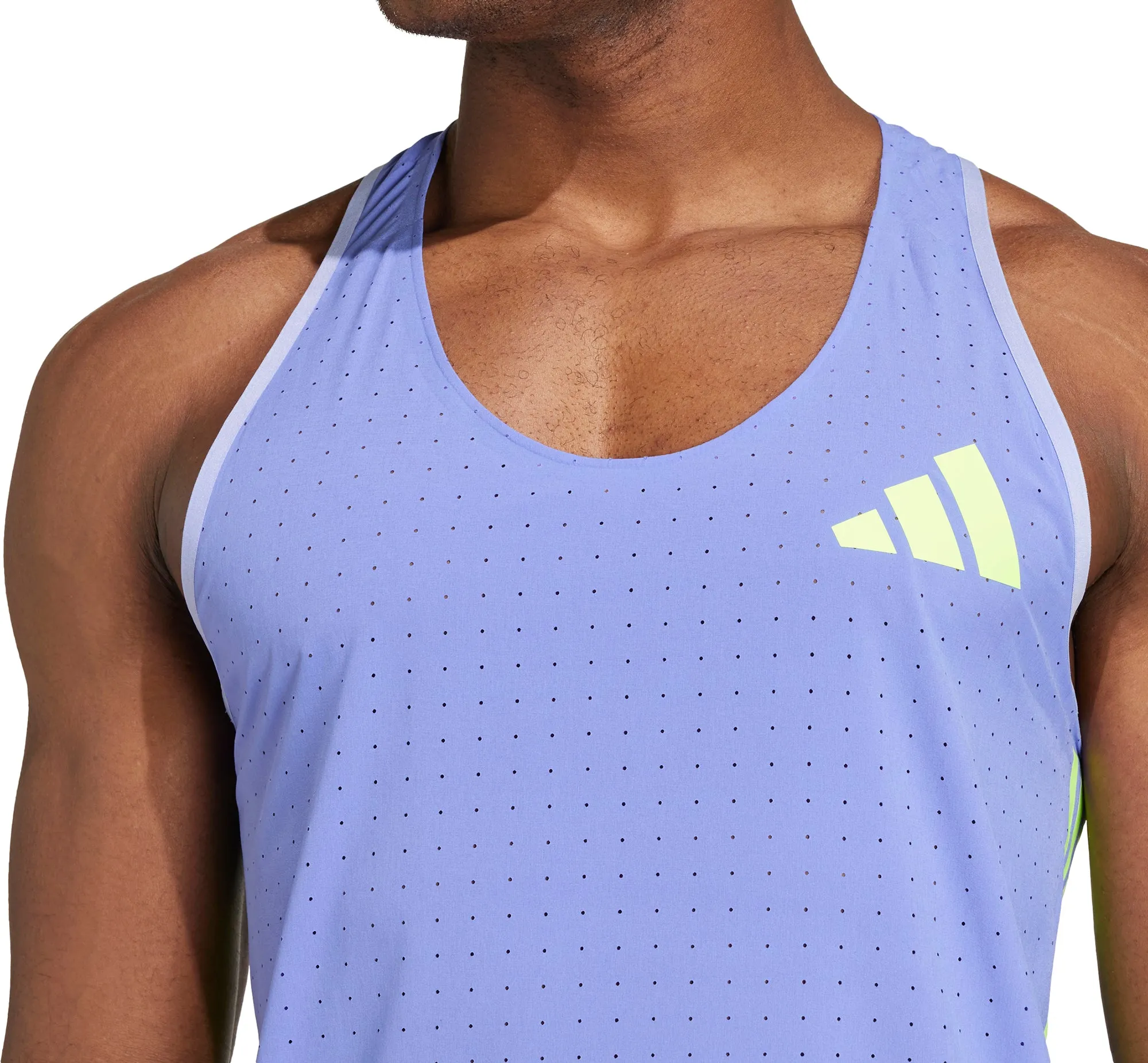 adidas Adizero Promo Mens Running Vest - Blue Reinforced Hem Adjustable Hem Tension