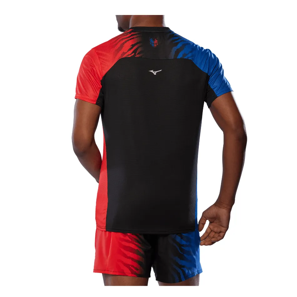 Trendy Comfort Fit Mizuno Men's Dryaeroflow Graphic Tee in Oni Red/Oni Blue SS25