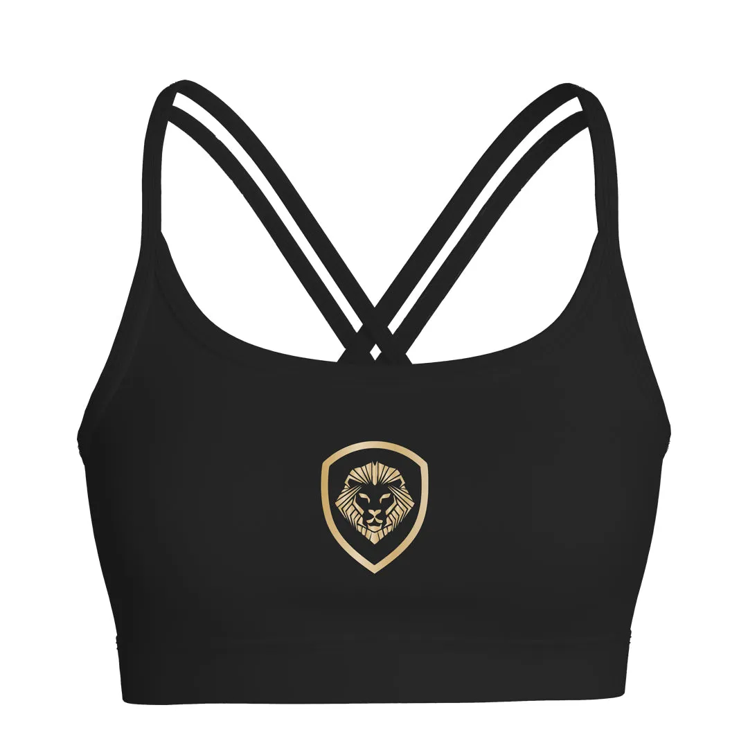 V neck Women's Lion Shield Black and Gold Strappy Sports Bra