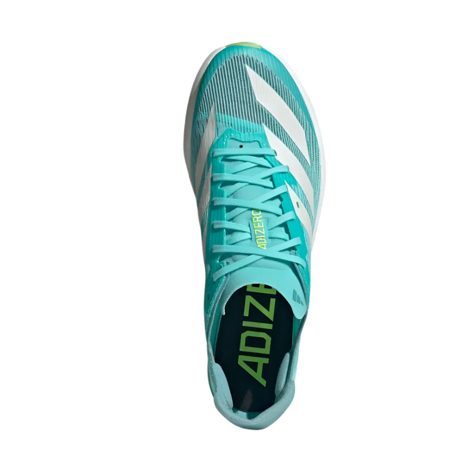 Airflow Ventilation Channels Balanced Ride Geometry Adidas Unisex Adizero Ambition Track Running Spikes in Flash Aqua/Zero Metalic/Lucid Lemon AW25