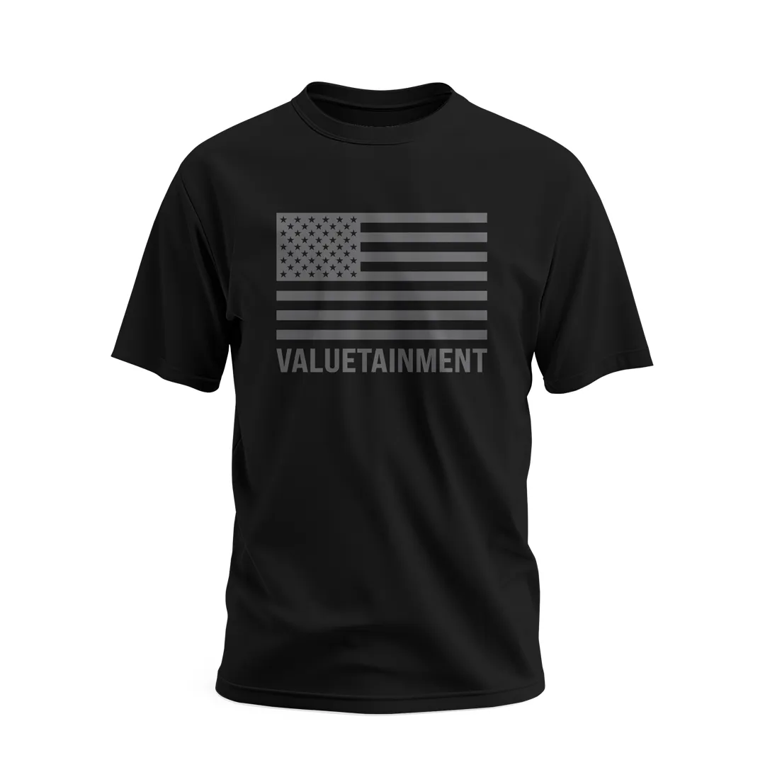 Valuetainment Oversized Flag Print Black & Grey Performance Short Sleeve T-Shirt Stretch Fabric Breathable Waistband