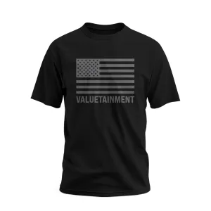 Valuetainment Oversized Flag Print Black & Grey Performance Short Sleeve T-Shirt Seamless construction
