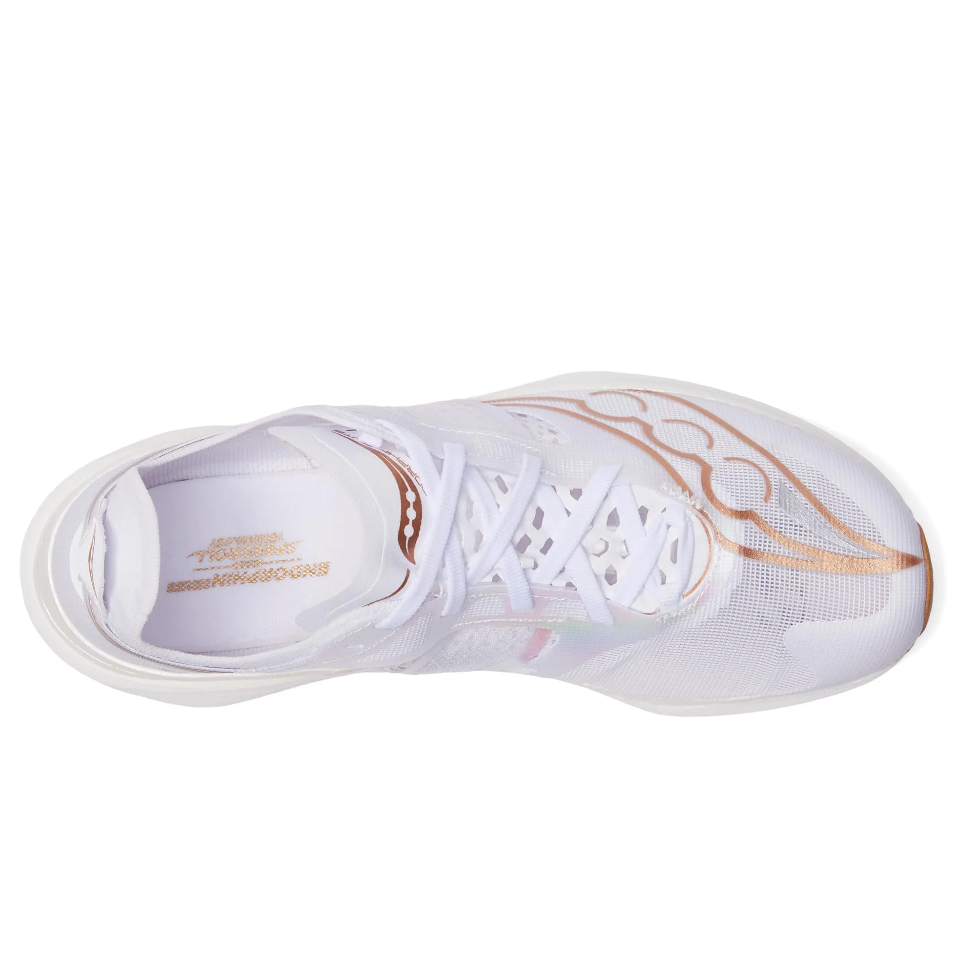 running in a composite bridge area shoes Neutral Cushioning Technology Saucony Women's Endorphin Elite (White/Gold)