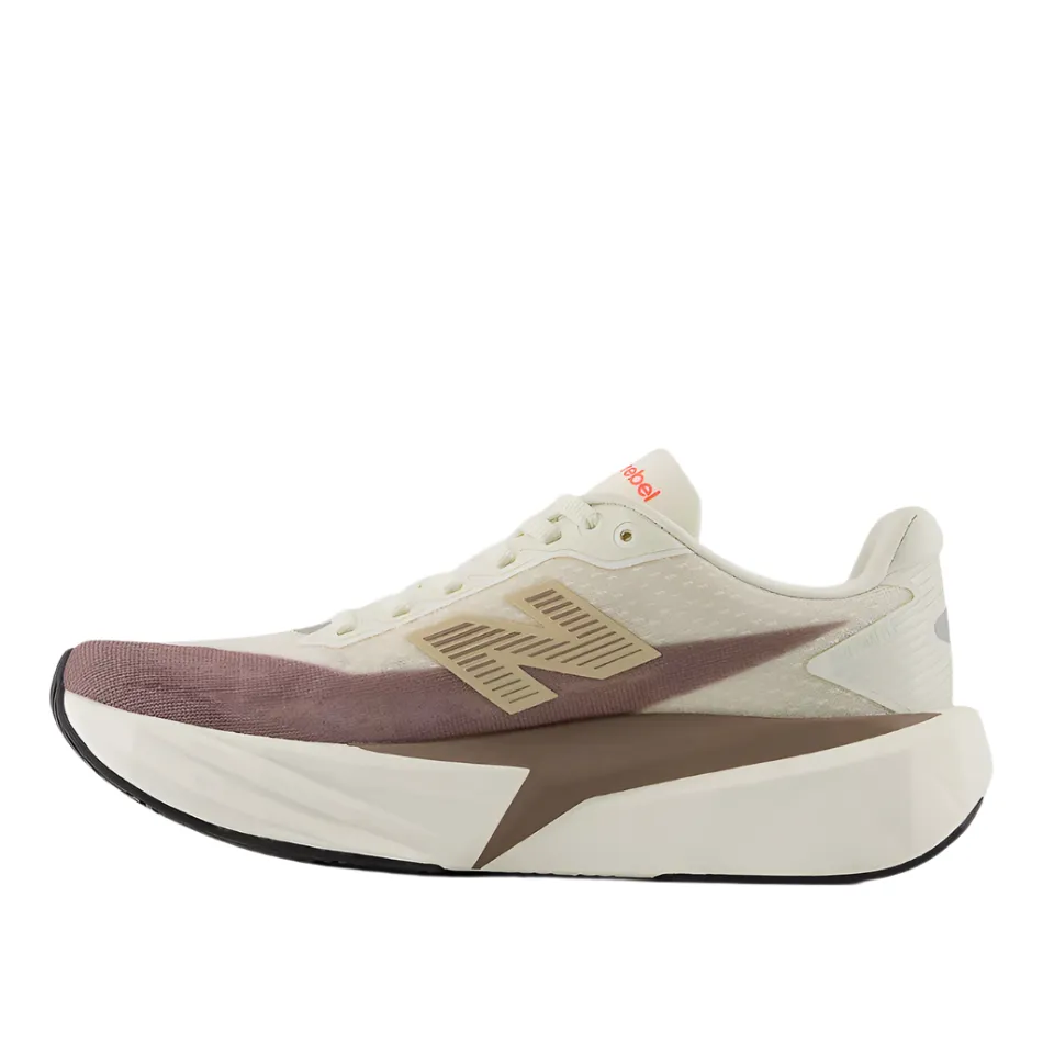 New Balance Men's Fuelcell Rebel v5 Running Shoes in Angora/Earth Shadow/Sea Salt AW25 Ultra Flex Grooves embroidered - finish - design shoes