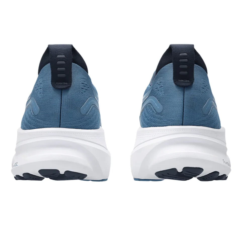 ASICS Men's GEL-KAYANO 32 Running Shoes in Winter Sea/Midnight AW25 running in a basketball court area shoes Forest Run