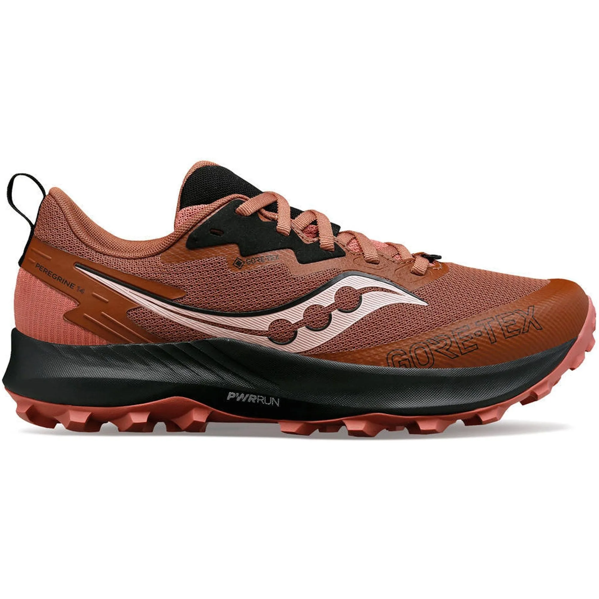 hiking trail shoes Asymmetric Lacing System Saucony Peregrine 14 GORE-TEX Womens Trail Running Shoes - Red