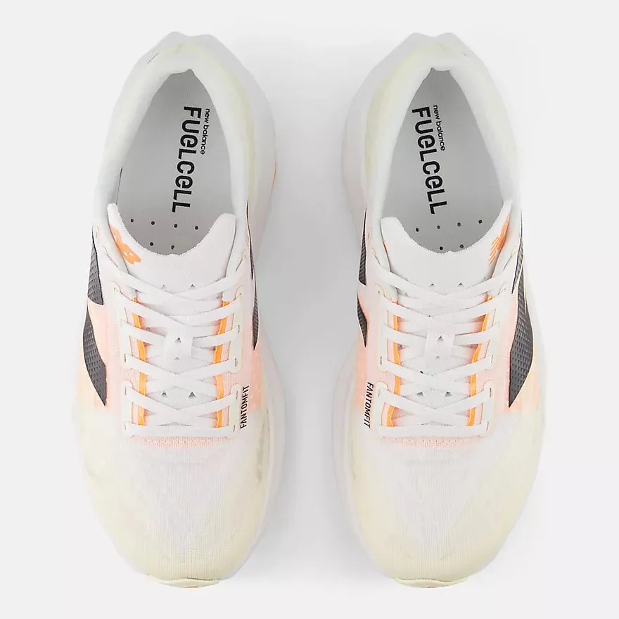 Collapsed Midsole Geometry New Balance Men's FuelCell Rebel v4 (White with Angora and Hot Mango)