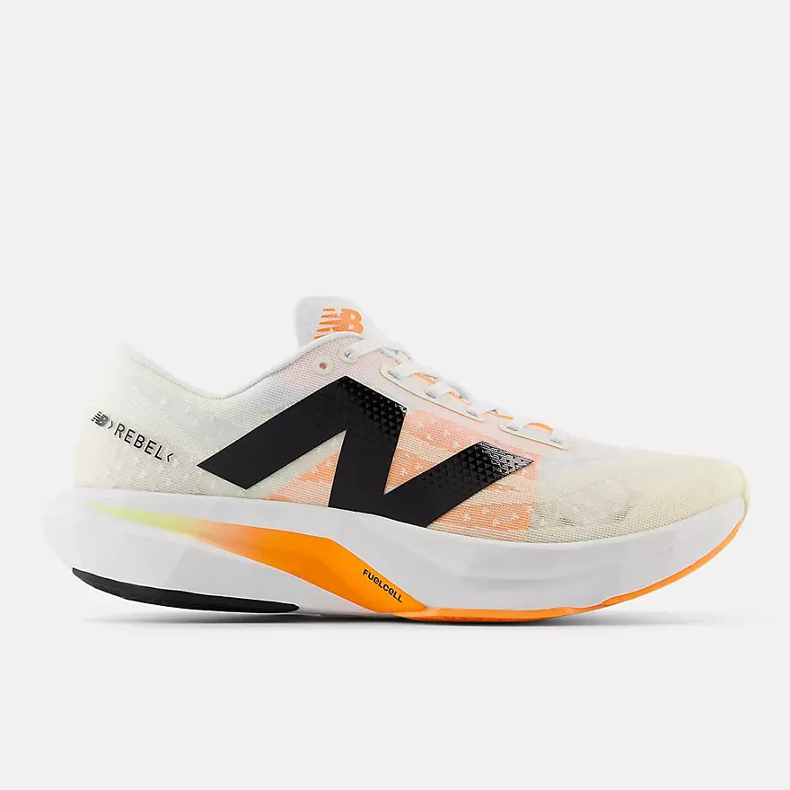 New Balance Men's FuelCell Rebel v4 (White with Angora and Hot Mango) Flexible Outsole Shoes Compression Boost