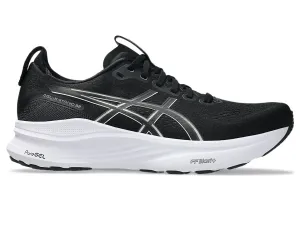 Men's GEL-Kayano 32 WIDE (002 - Black/White) Flat Sole running on an indoor track shoes
