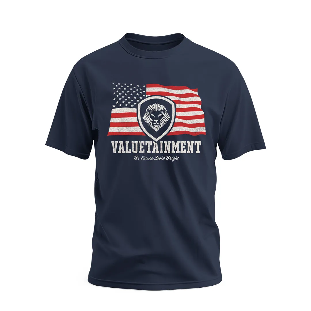 Future Looks Bright Navy Valuetainment Lion Shield Flag Short Sleeve T-Shirt Flexible Collar