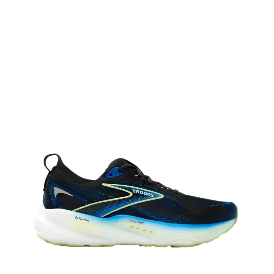 Brooks Men's Glycerin 22 Running Shoes in Black/Cobalt/Neo Yellow SS25 Contoured Footbed
