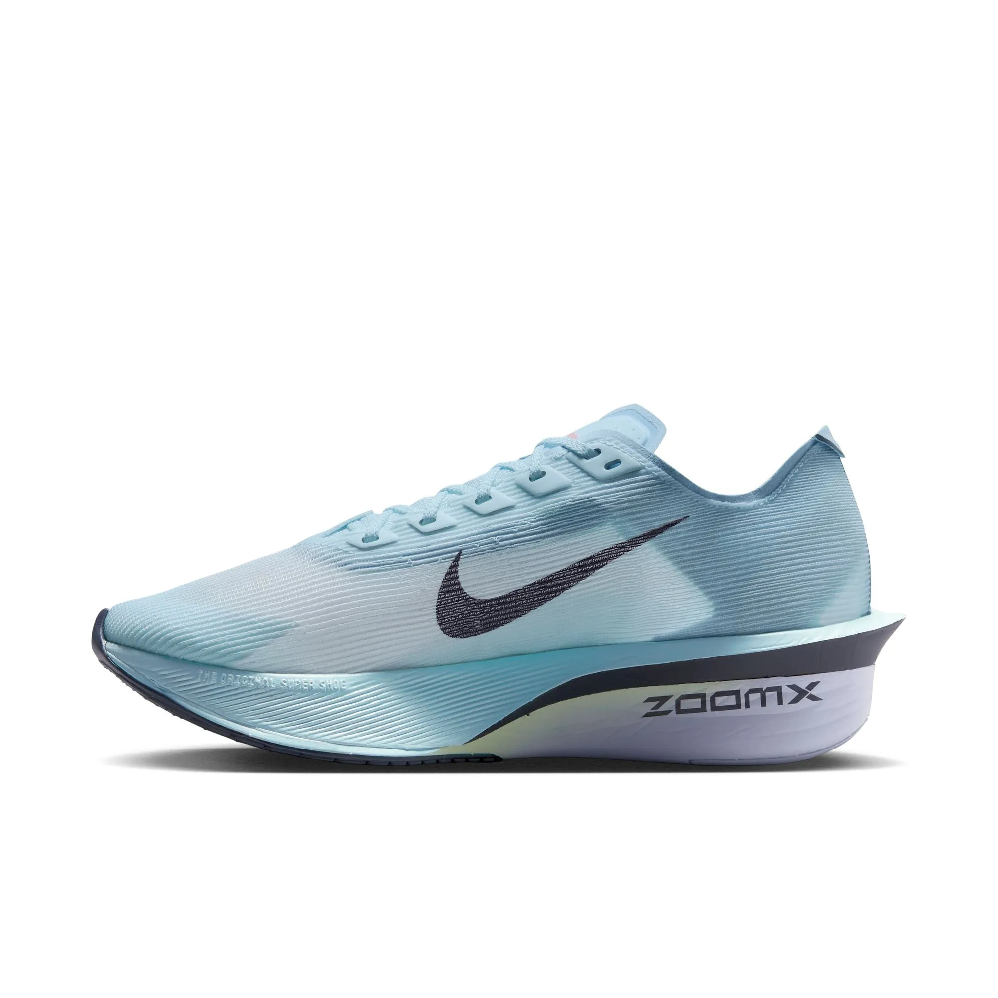 Women??s ZoomX Vaporfly Next% 4 (400 - Glacier Blue/Gridiron-Blue Tint) running in a concrete bridge area shoes Wet running stability