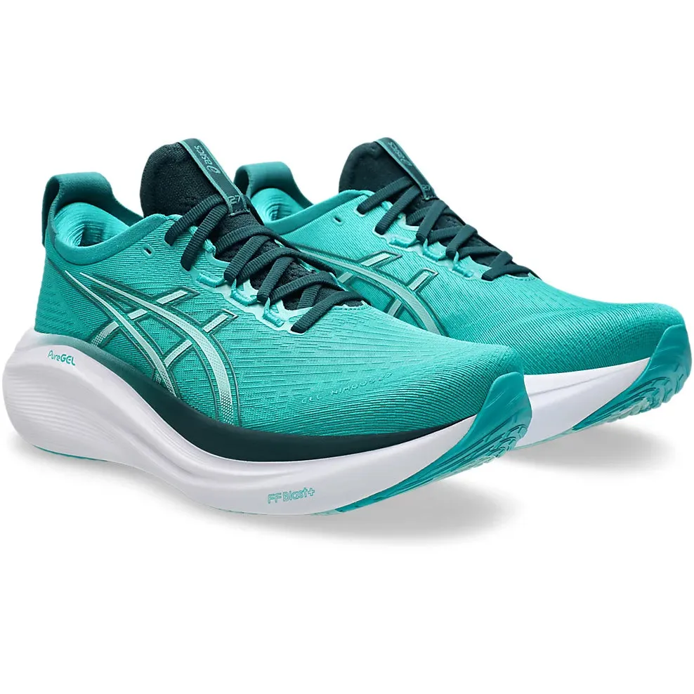 Asics Men's Gel-Nimbus 27 Running Shoes Wave Teal / Saxon Green running with a hydration pack Non Marking Rubber Outsole