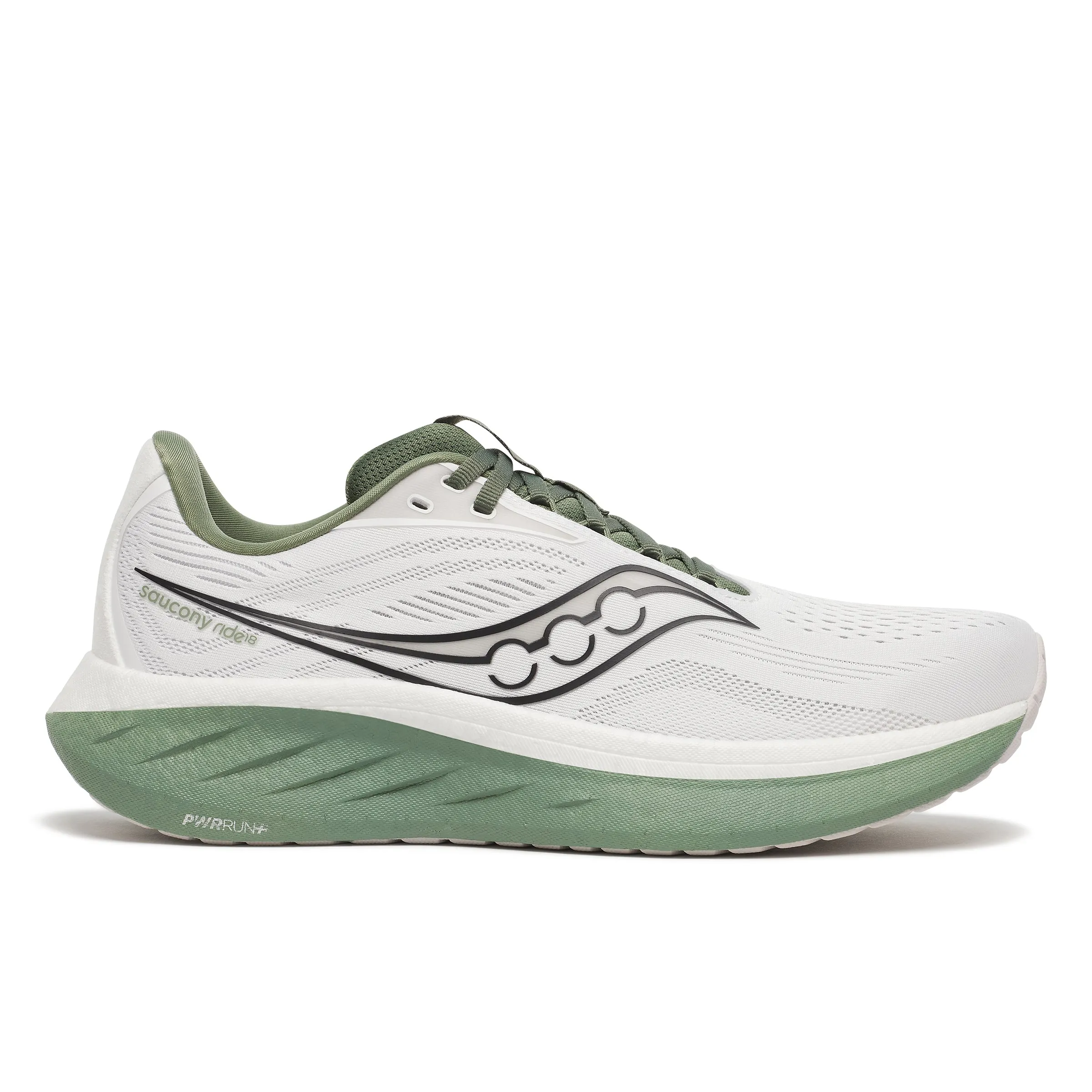 Men??s Ride 18 (138 - White/Olivine) running in a pier area shoes