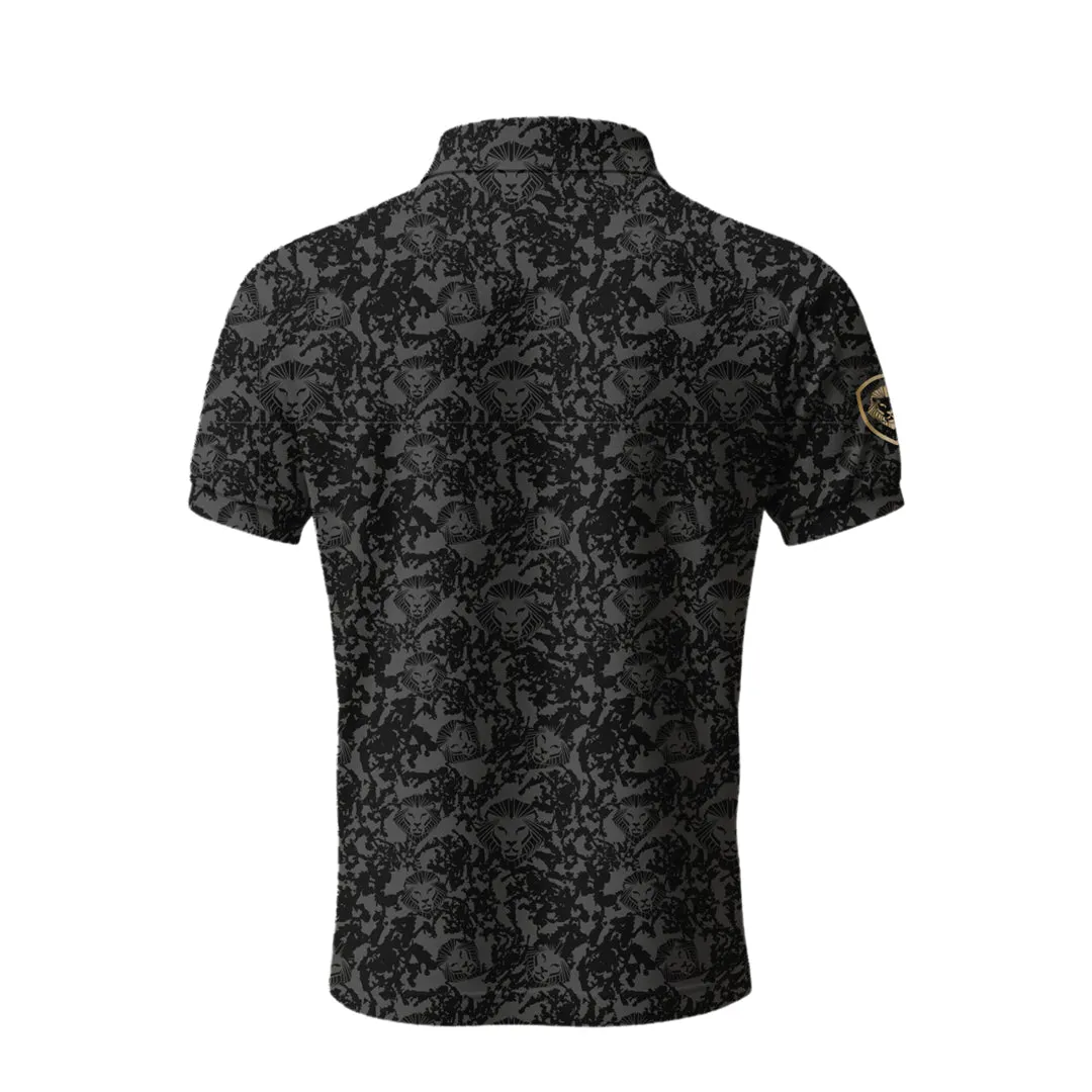 Lion Shield Charcoal Grey Pattern Print Short Sleeve Polo (Classic Fit) Retro nostalgia Eco Friendly Material