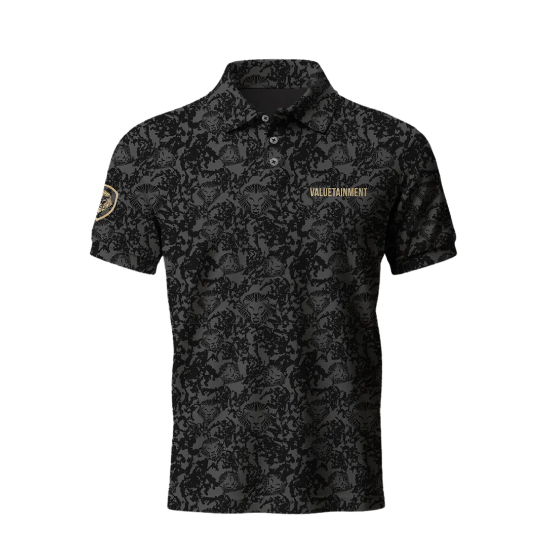 Lion Shield Charcoal Grey Pattern Print Short Sleeve Polo (Classic Fit) Vintage Style