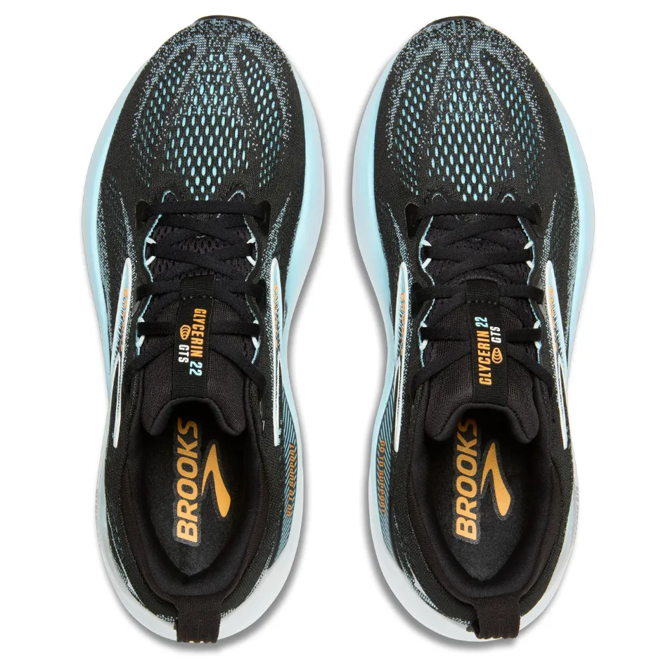 leather upper durability aerobic exercise shoe suitability Brooks Men's Glycerin GTS 22 Running Shoes in Black/Atomizer/Blazing Orange AW25