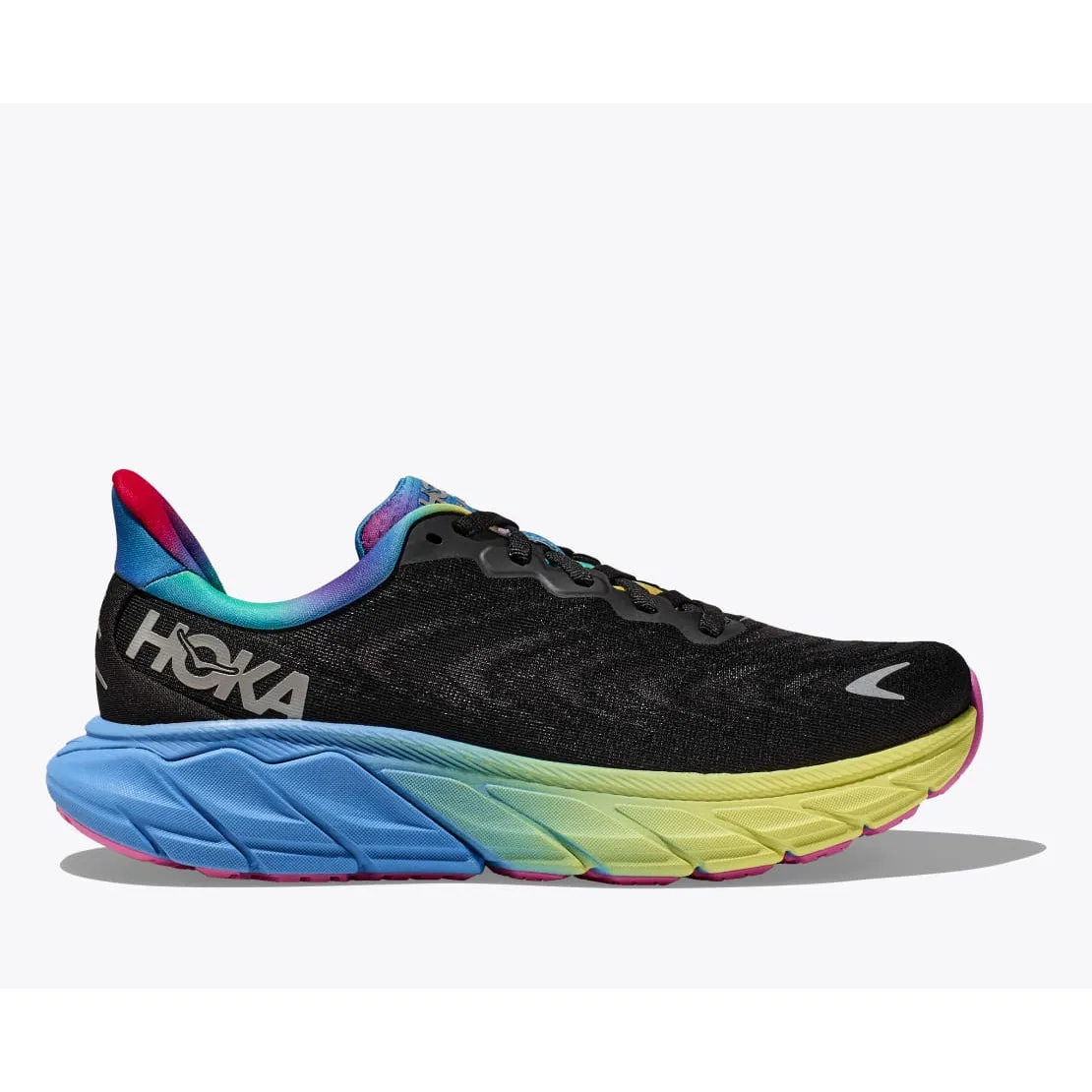 running with music shoes Wide Fit Options Hoka Men's Arahi 6 (Black/Silver)
