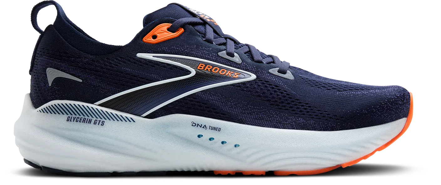 Men's Glycerin GTS 22 (494 - Peacoat/Blue Ribbon/Orange) running on a clay track shoes