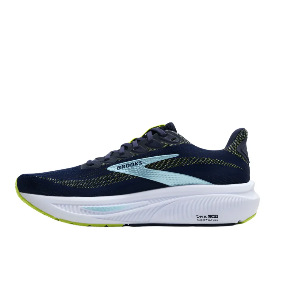 college - team - themed running shoes Brooks Men's Ghost 17 2E Wide Fit Running Shoes in Peacoat/Lime/Blue AW25