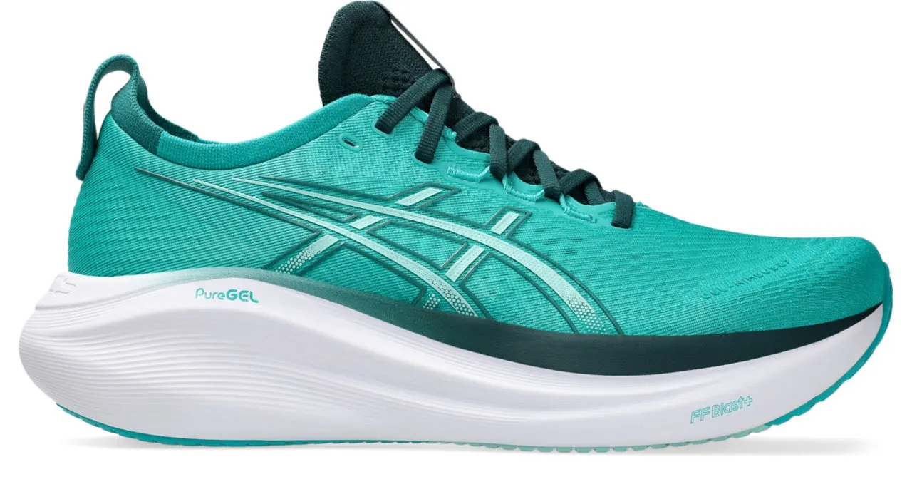 Men's Gel-Nimbus 27 (400 - Wave Teal/Saxon Green) Synthetic Overlay Heel Lock Mechanism