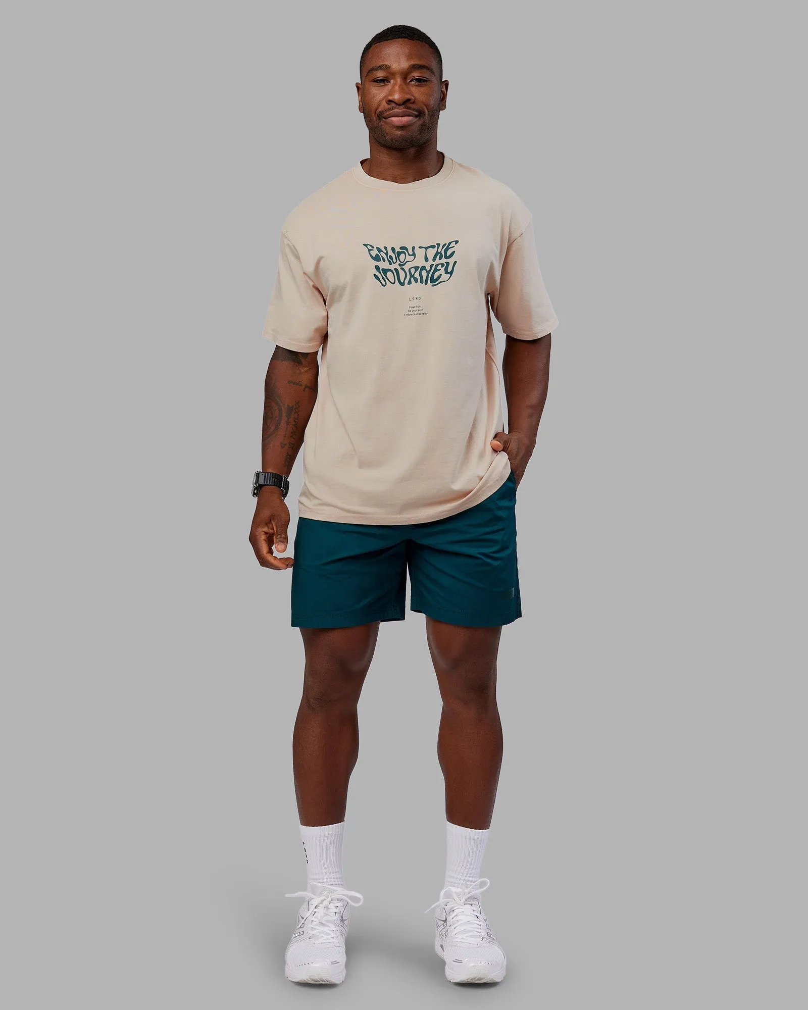 Adjustable Fit Wrinkle Resistant Material Journey FLXCotton Oversized Tee - Washed Shale Beige-Dark Moss