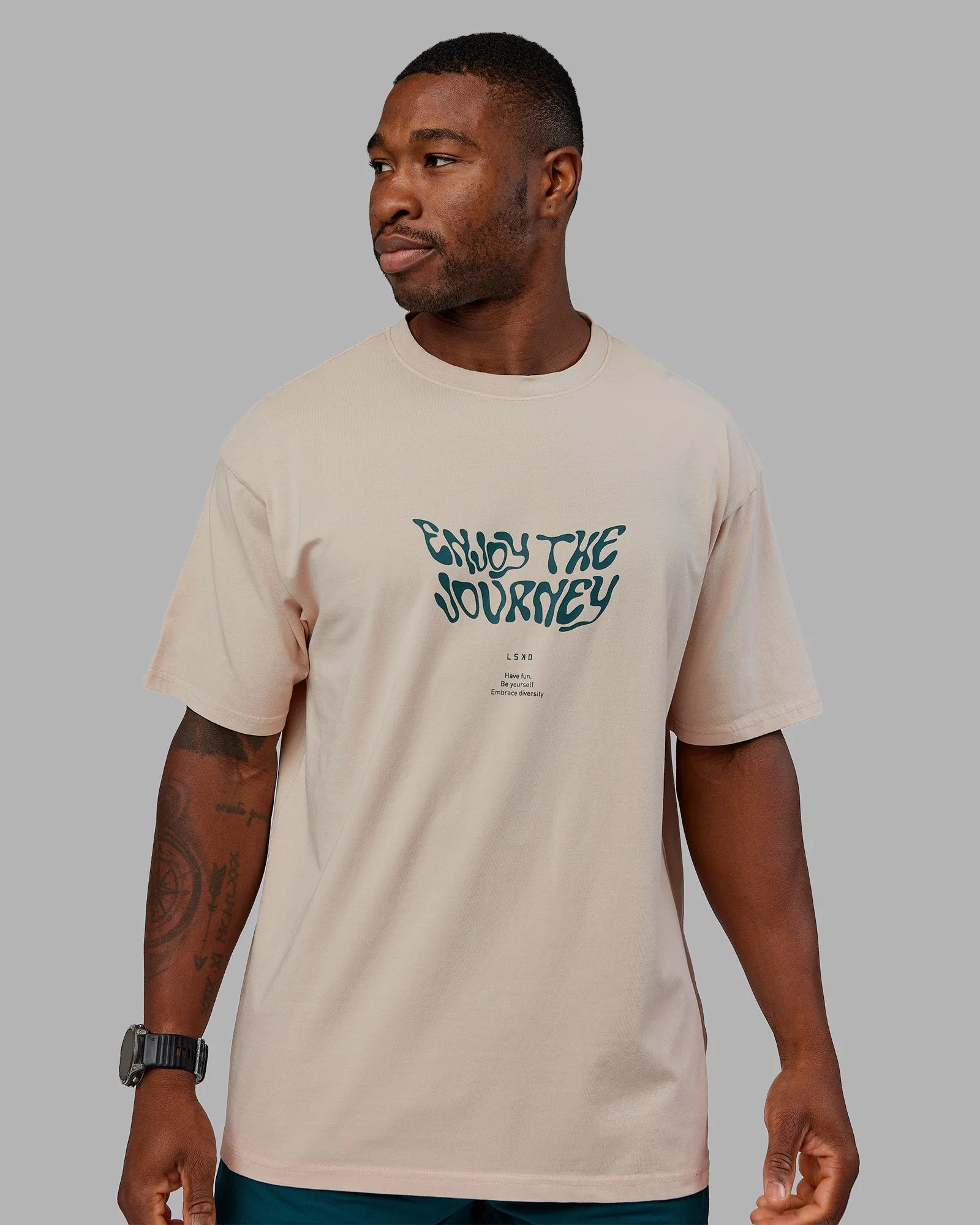 Silk combination Sublimation Resistant Fabric Journey FLXCotton Oversized Tee - Washed Shale Beige-Dark Moss