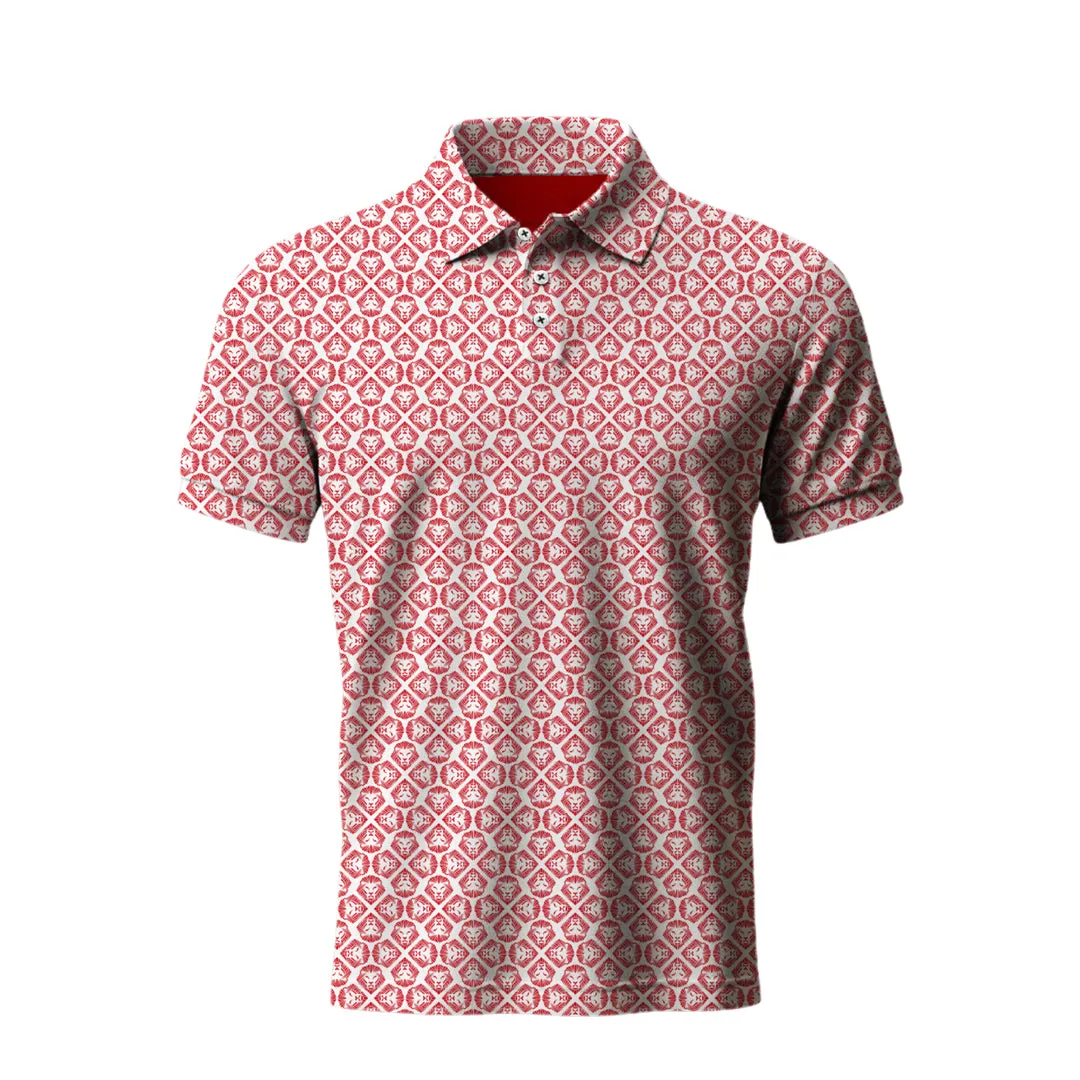 Lion Shield Red and White Pattern Print Short Sleeve Polo (Classic Fit) Cool Design