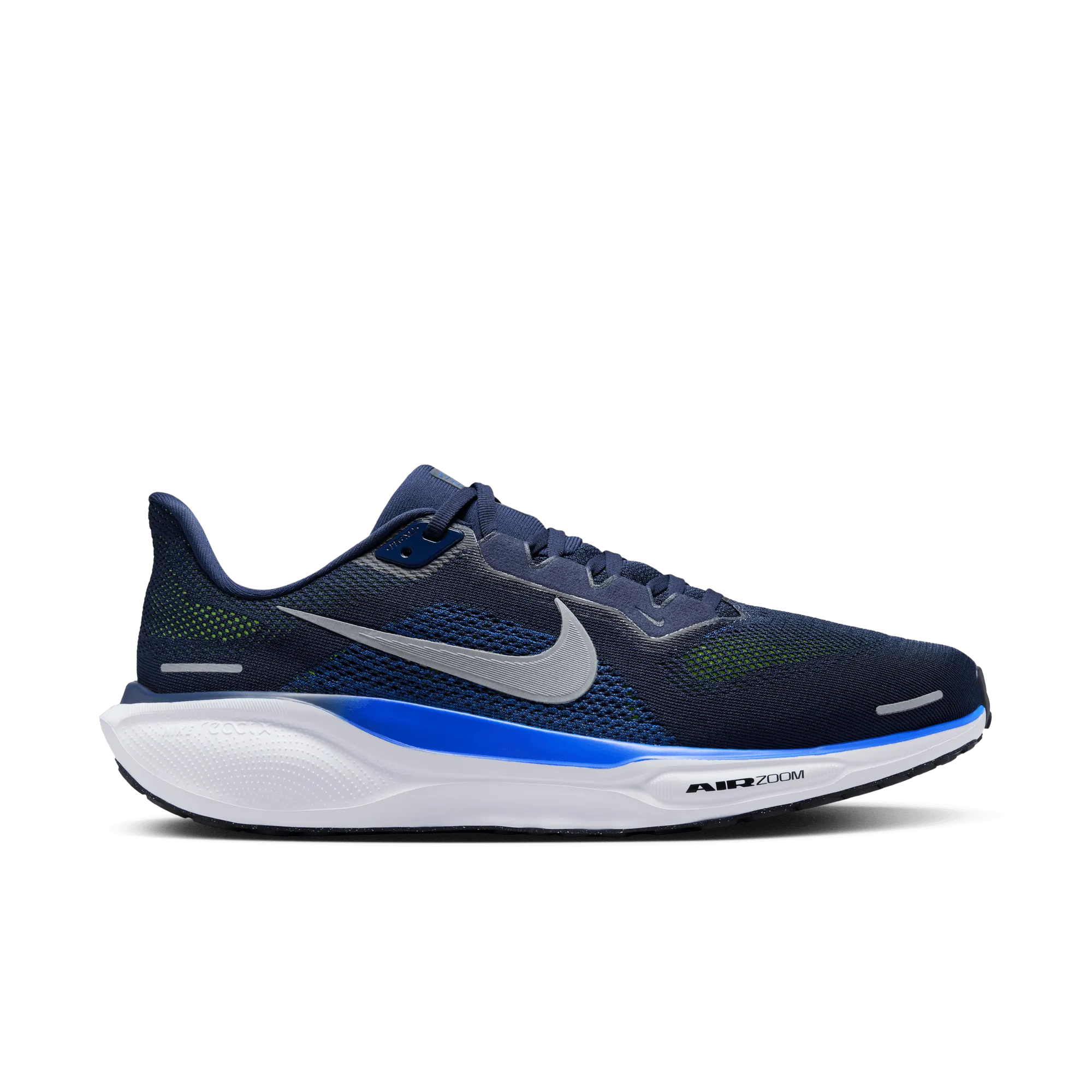 Men's Pegasus 41 (400 - Midnight Navy/Reflective Silver-Black-Volt) running on hilly terrain shoes