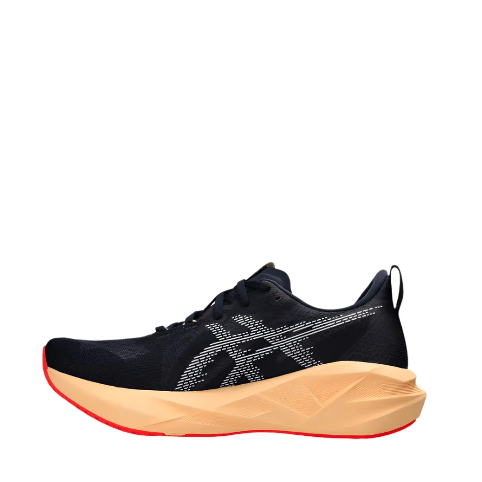 Streamlined Shape Pressure Dispersing Structure ASICS Men's NOVABLAST 5 Running Shoes in Midnight/Orange Glow AW25
