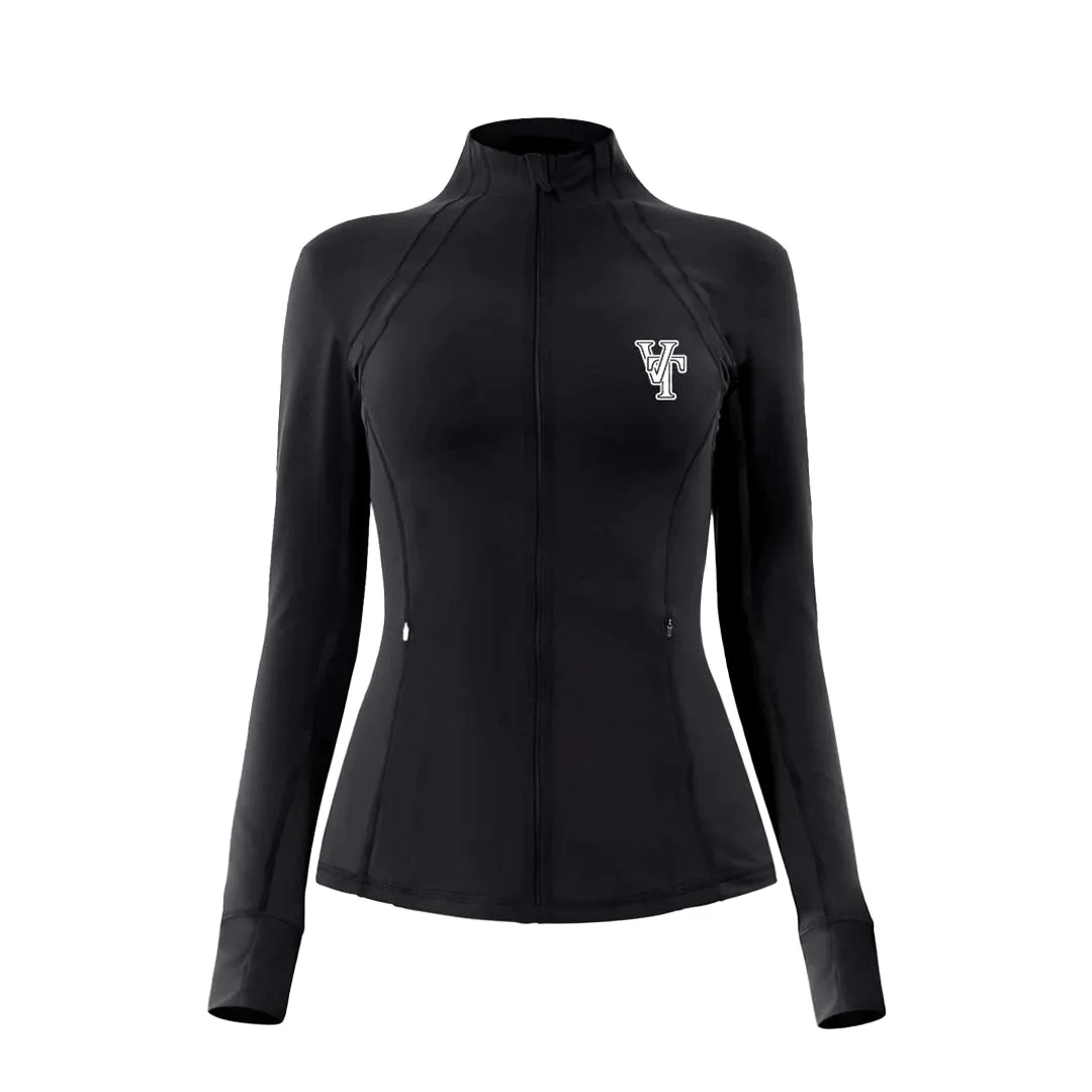 Women's Valuetainment VT Logo Black Performance Full Zip Up Jacket Flexible Cuff Design Sporty and Stylish