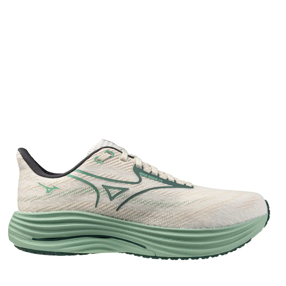 lugged outsole running shoes Bio Mechanical Propulsion Mizuno Men's Wave Rider 29 Running Shoes in Snow White/Bistro Green/Cr??me De Menthe AW25