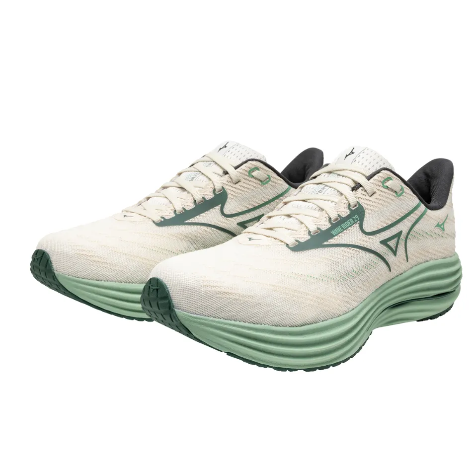 Mizuno Men's Wave Rider 29 Running Shoes in Snow White/Bistro Green/Cr??me De Menthe AW25 Molded Grooves mid - top style