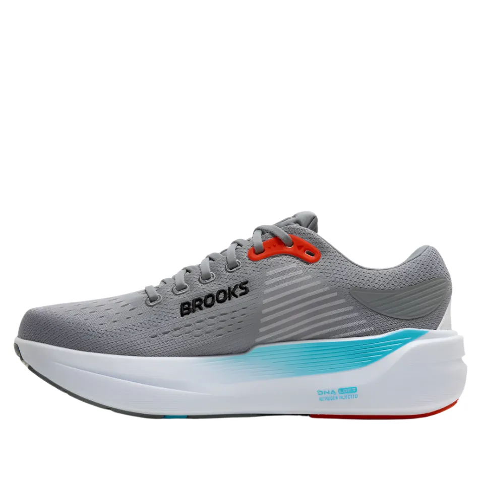 Brooks Men's Ghost Max 3 Running Shoes in Primer Grey/Antarctica/Red AW25 Outdoor Adaptability Breathable Perforated Panels
