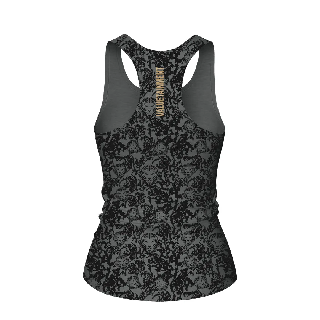 Limited Edition Women's Lion Shield Charcoal Grey Pattern Print Performance Midi Tank