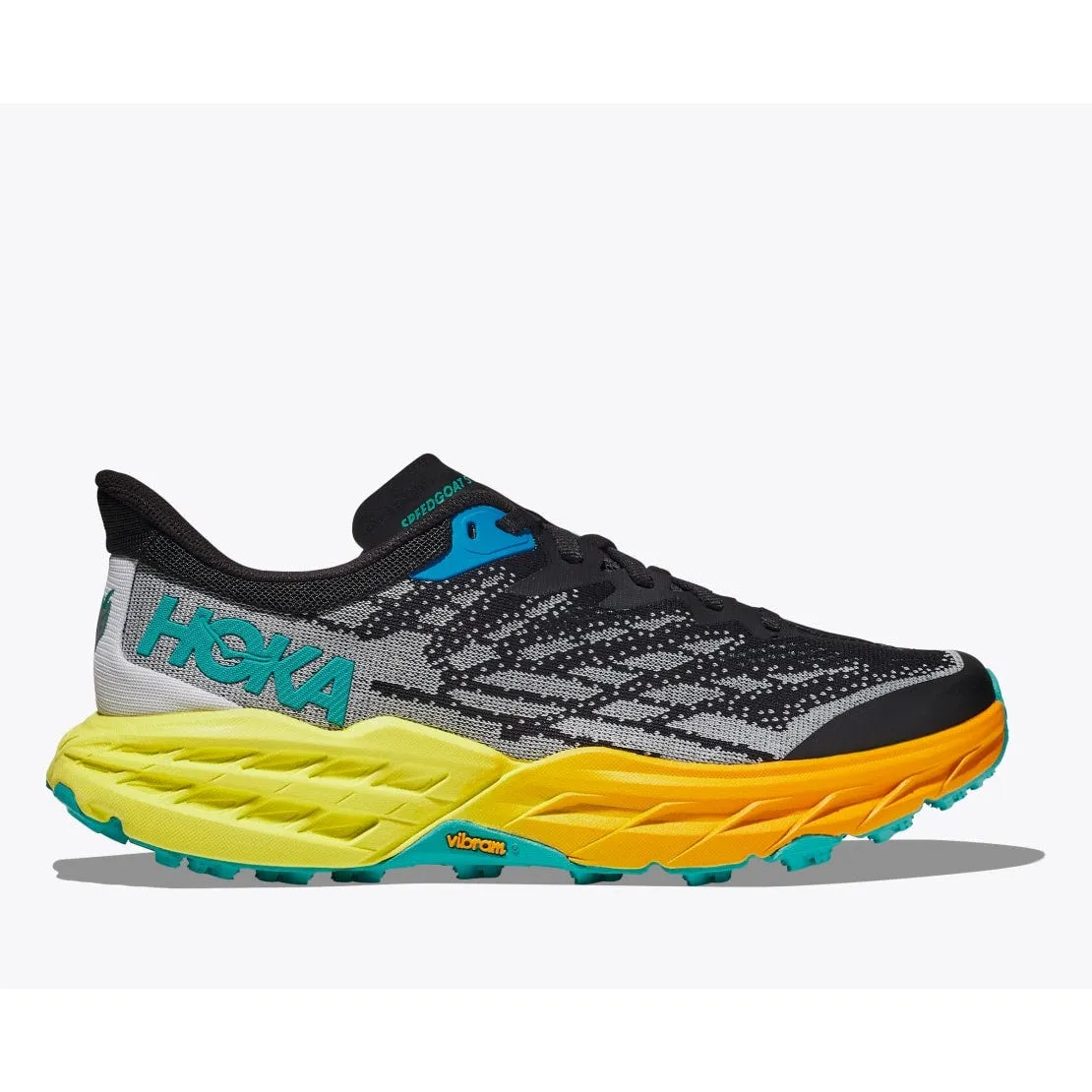 Hoka Men's Speedgoat 5 (Black/Evening Primrose) night running trail shoes Multi Directional Tread