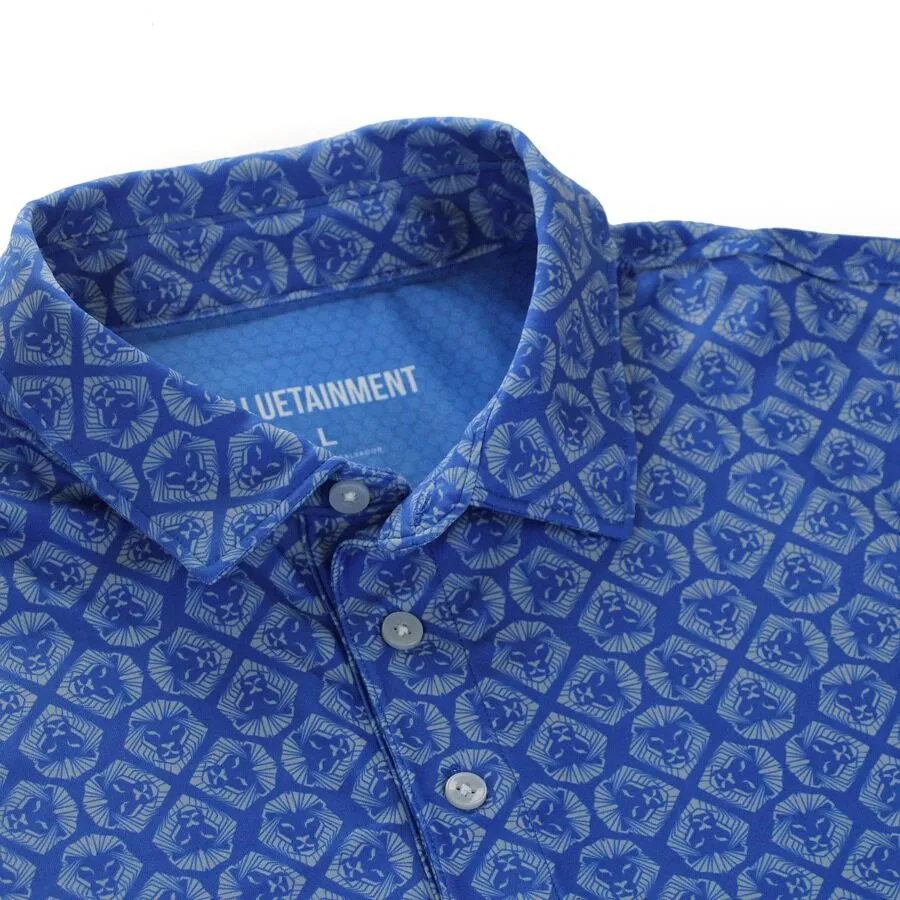 EthicalProduction Lion Shield Royal Blue & Grey Pattern Print Short Sleeve Polo (Classic Fit)