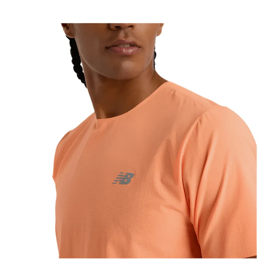 Relaxed Waist New Balance Men's Race Day Ultralight Short Sleeved T-Shirt in Hot Mango SS25