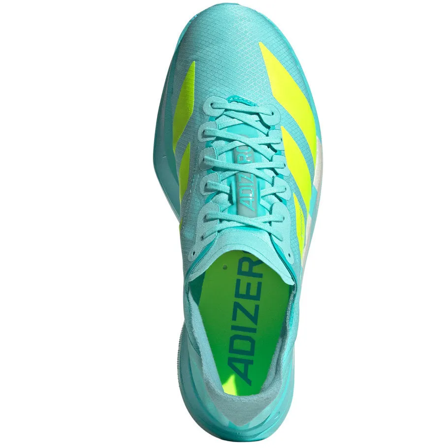 Mens's Adizero Adios Pro 4 Running Shoes Flash Aqua / Lucid Lemon / Mint Ton logo - engraved shoes